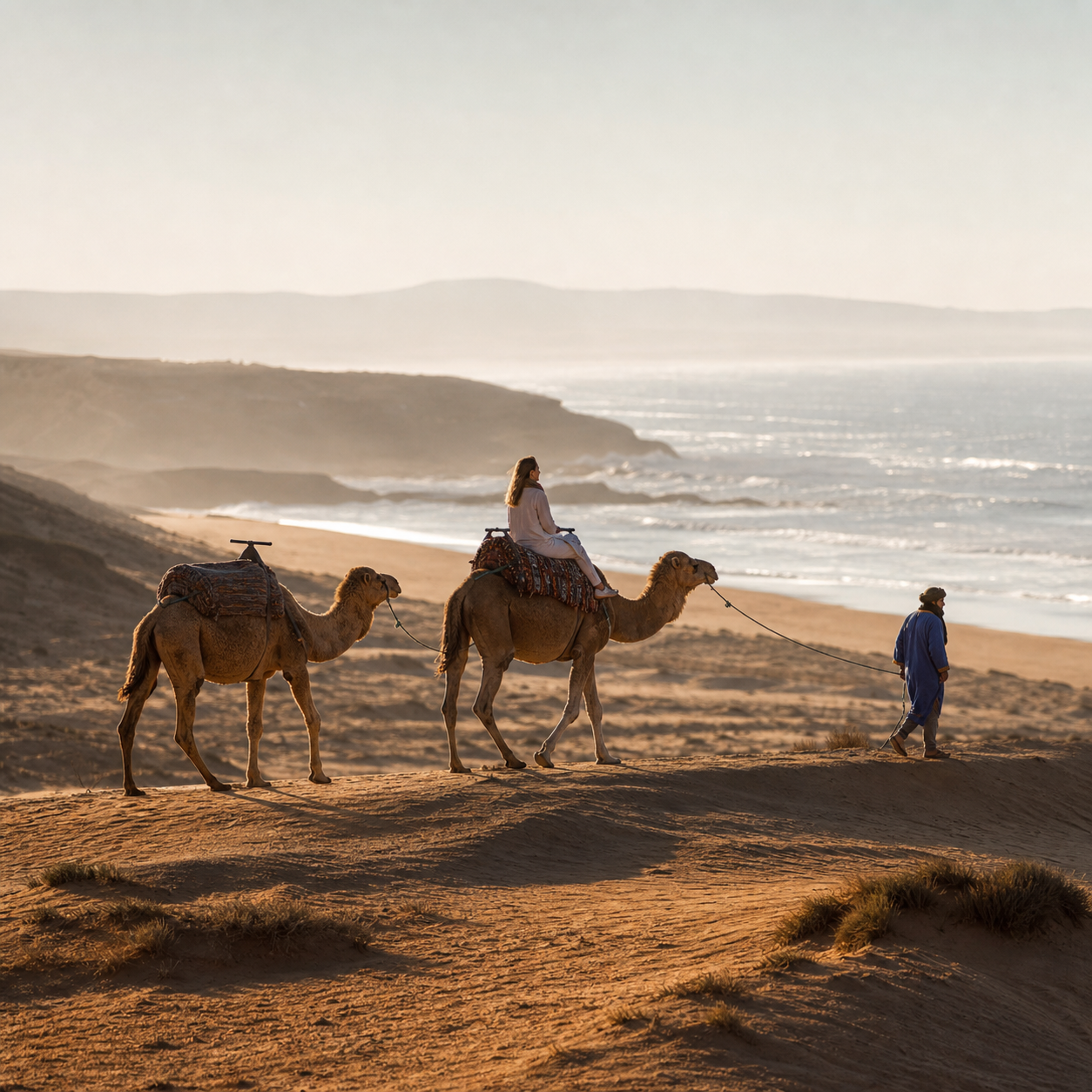 Balade à dromadaire sur la plage près d'Essaouira