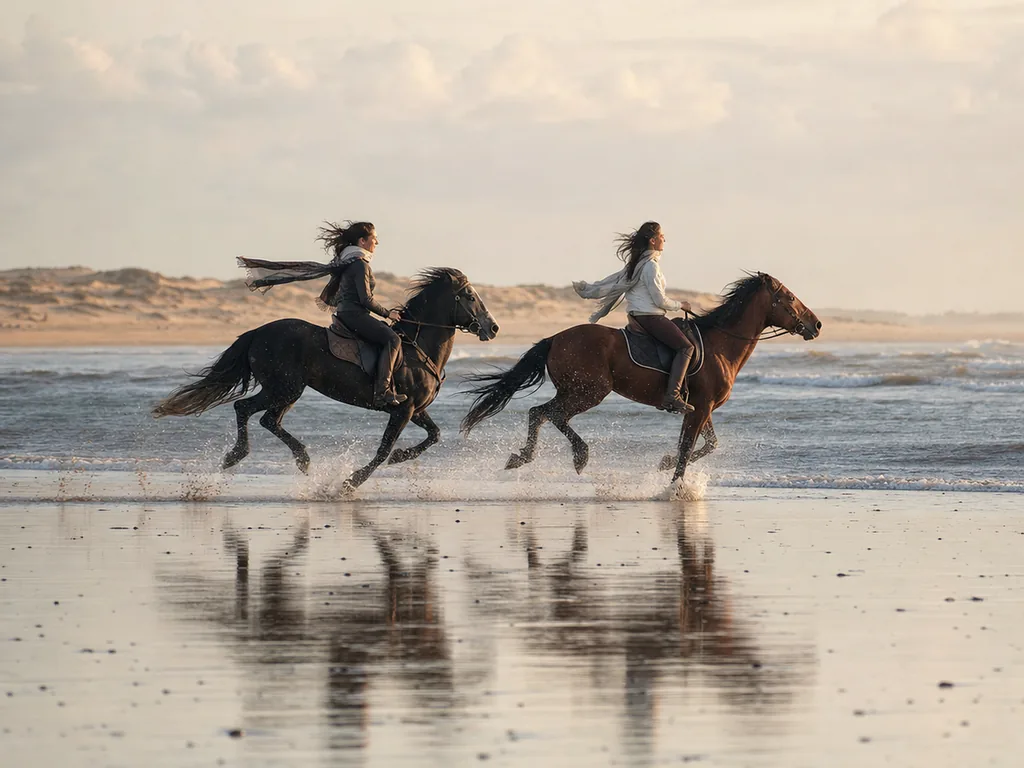 Deux cavaliers au galop sur le sable mouillé d'une plage près d'Essaouira