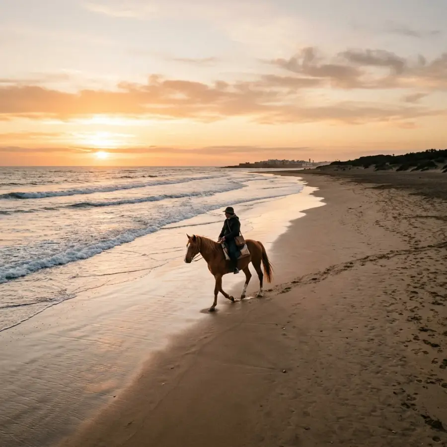 Un cavalier sur la plage au coucher du soleil