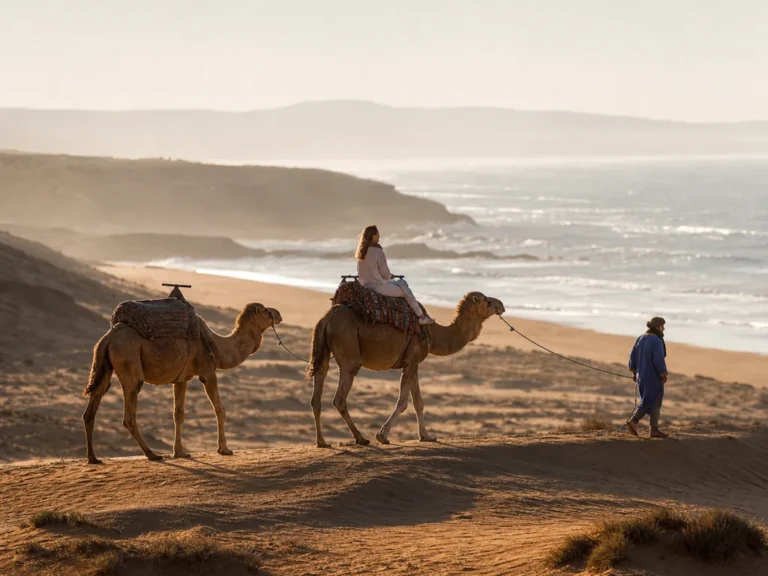 Une caravane de dromadaires sur une plage près d'Essaouira