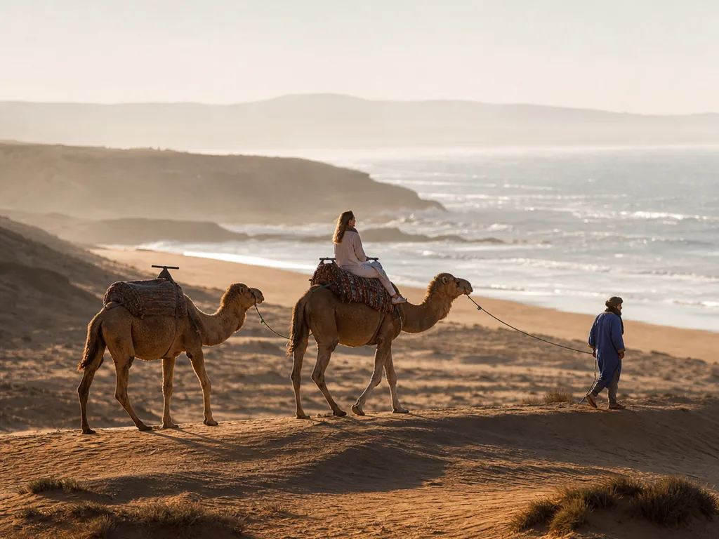 Une caravane de dromadaires sur une plage près d'Essaouira