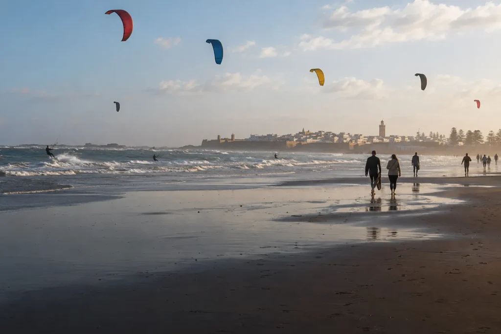 La grande plage d'Essaouira par jour de vent, voiles de kitesurf dans le ciel