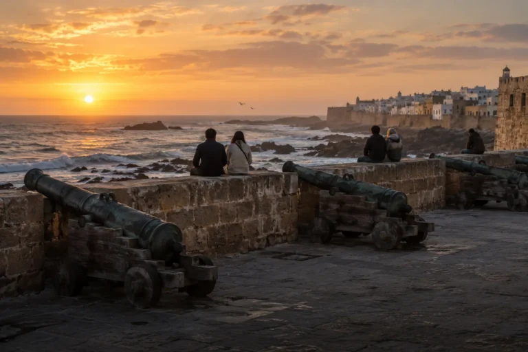 Les remparts d'Essaouira et leurs canons au coucher du soleil