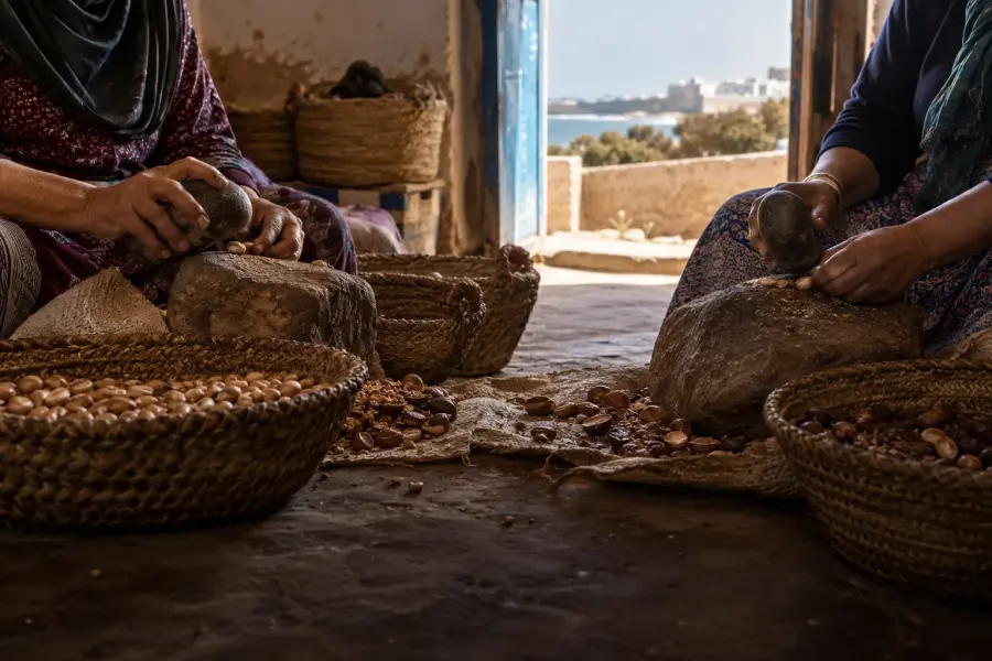 Des mains concassent des noix d'argan dans une coopérative