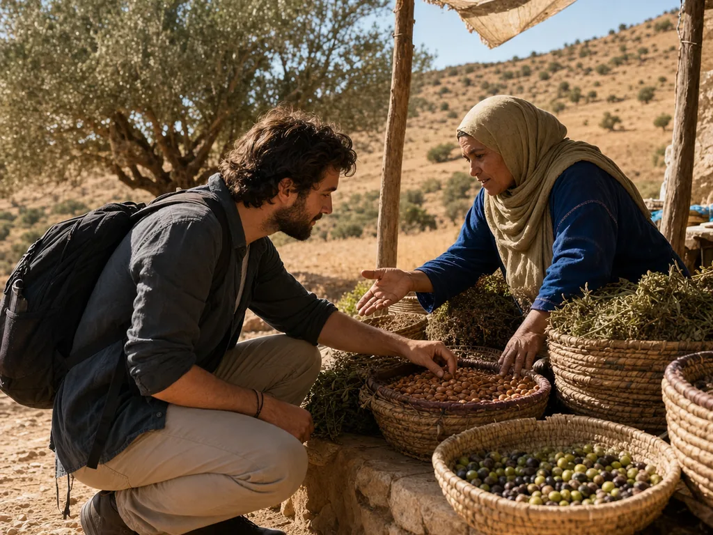 Un voyageur et une vendeuse devant des paniers d'olives et d'herbes sur un marché de la région d'Essaouira