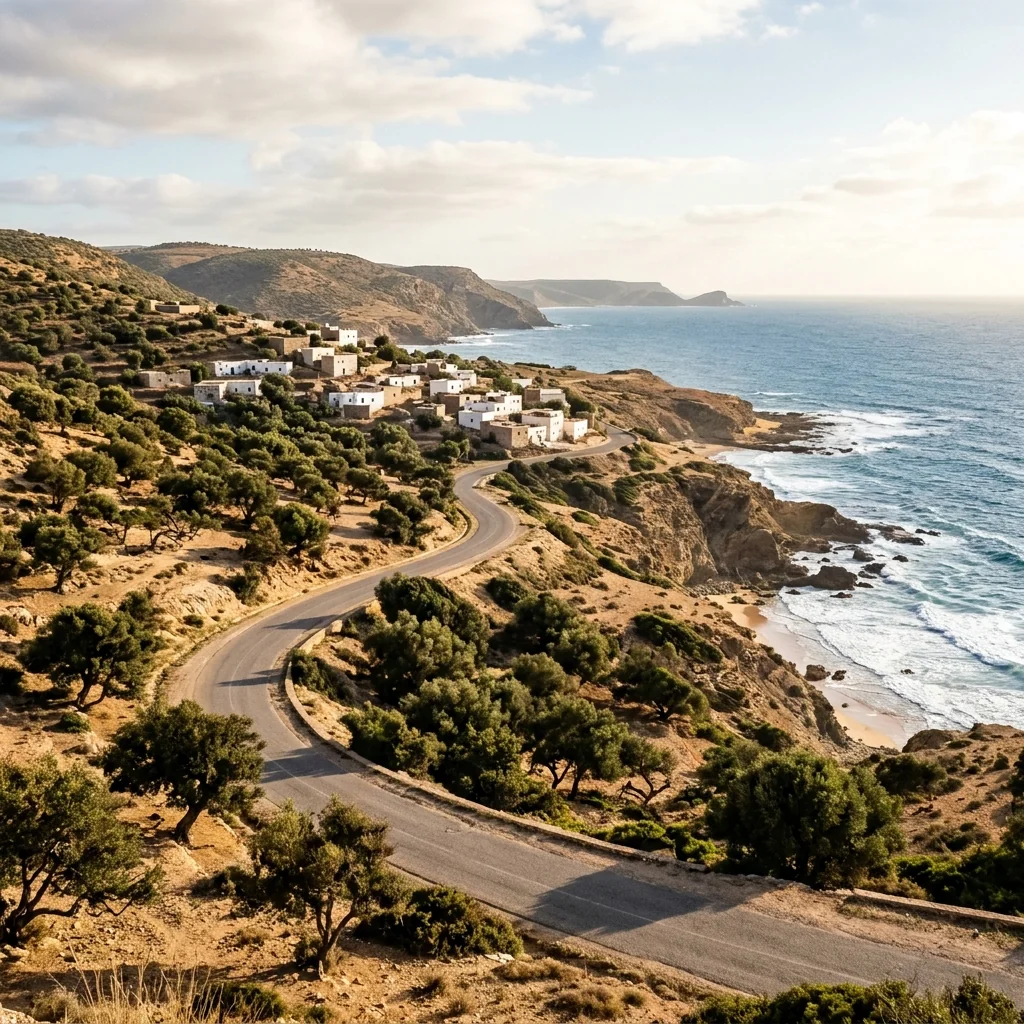 Route côtière, village et océan dans la région d'Essaouira