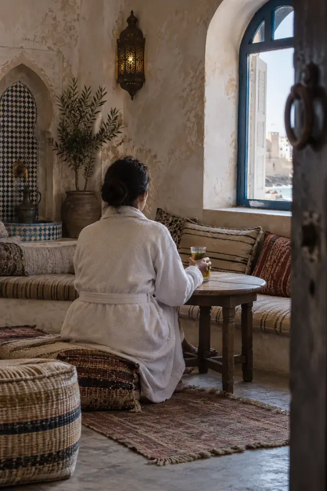 Un coin de repos avec un verre de thé à la menthe après le hammam
