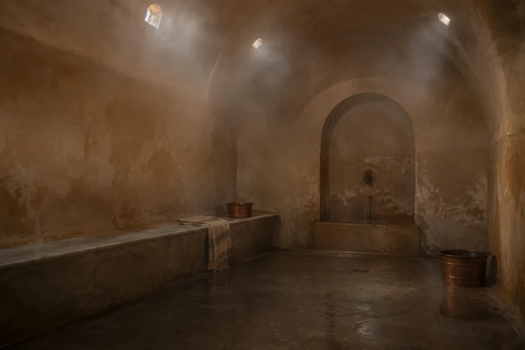 Une salle de hammam traditionnel en tadelakt, seaux de cuivre et vapeur légère