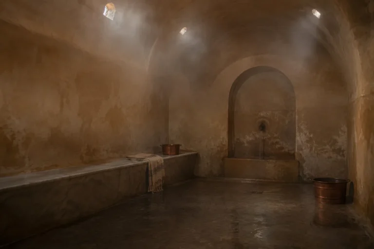 Une salle de hammam traditionnel en tadelakt, seaux de cuivre et vapeur légère