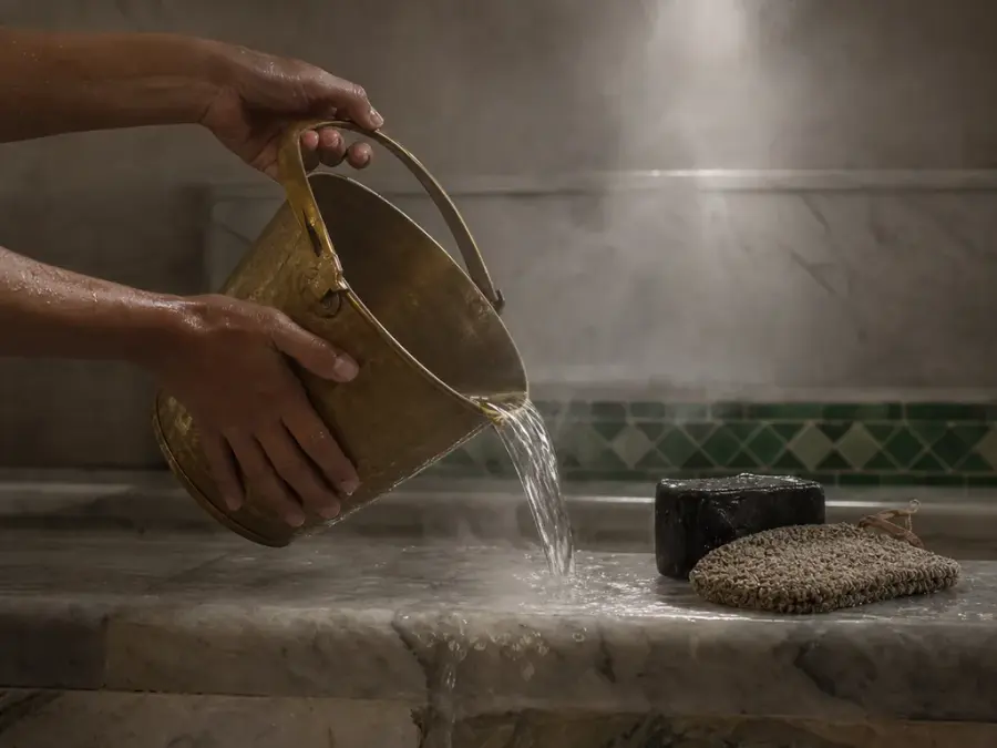 Eau versée d'un seau en cuivre dans la vapeur d'un hammam