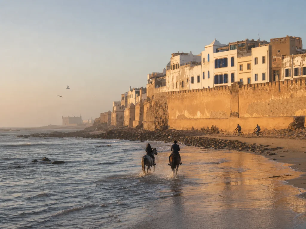 Deux cavaliers au bord de l'eau et des cyclistes au pied des remparts d'Essaouira, en fin de journée