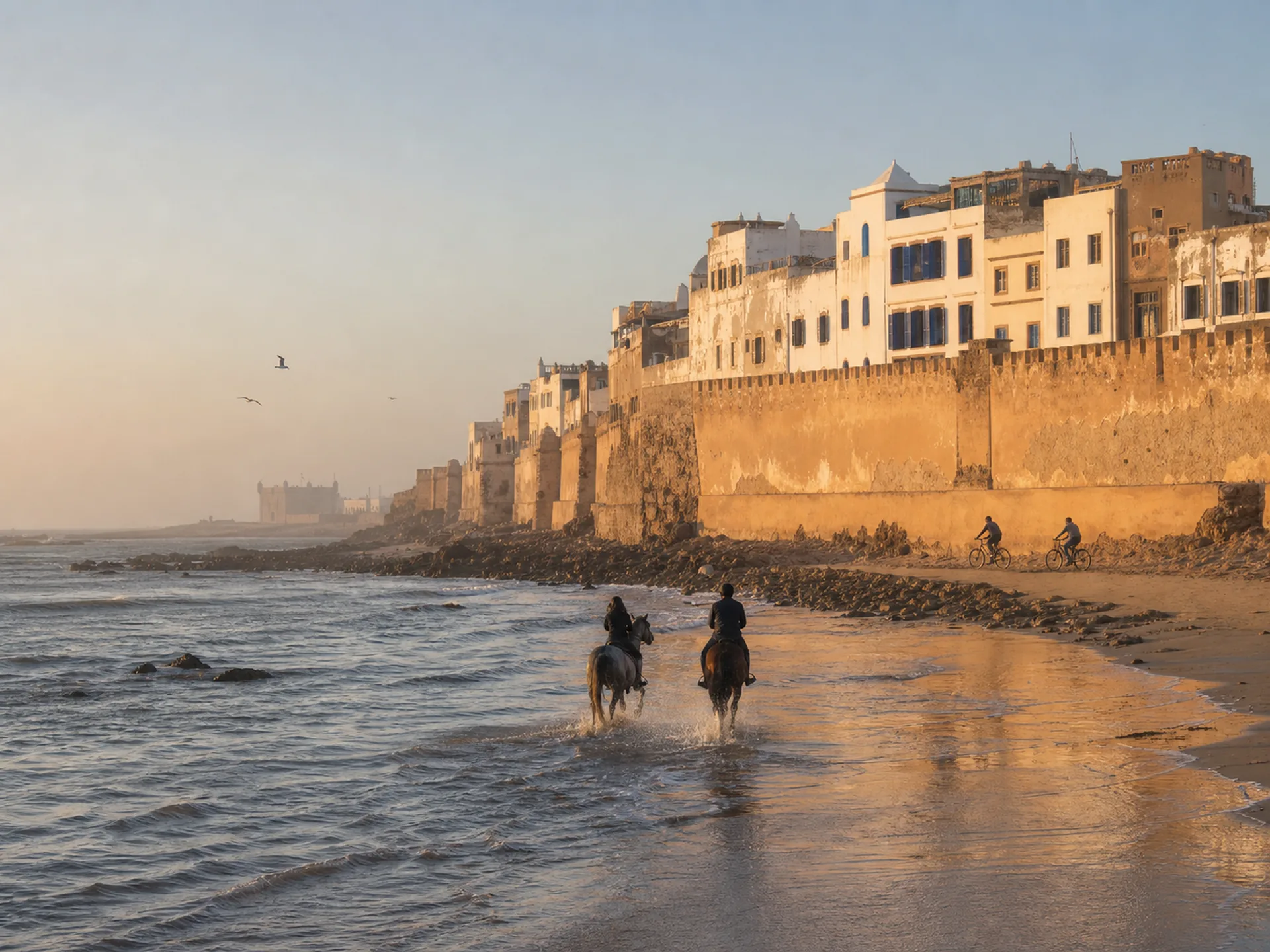 Deux cavaliers au bord de l'eau et des cyclistes au pied des remparts d'Essaouira, en fin de journée