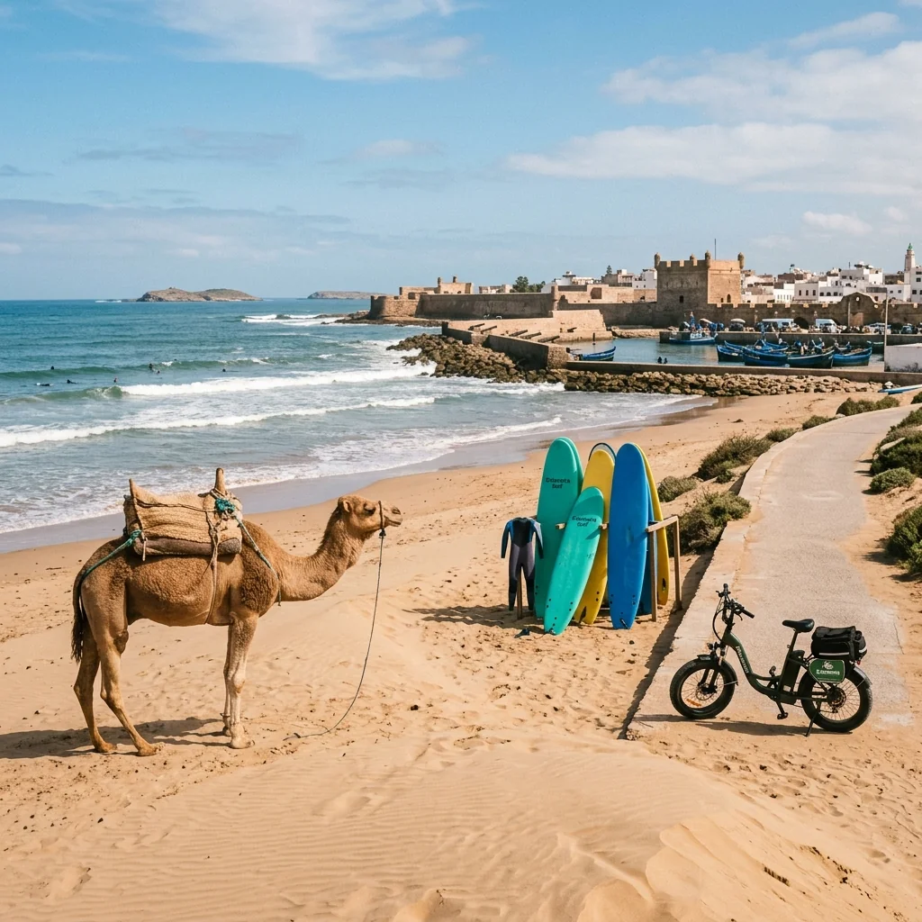 Un dromadaire au repos, des planches de surf et un vélo électrique sur la plage, face aux remparts d'Essaouira