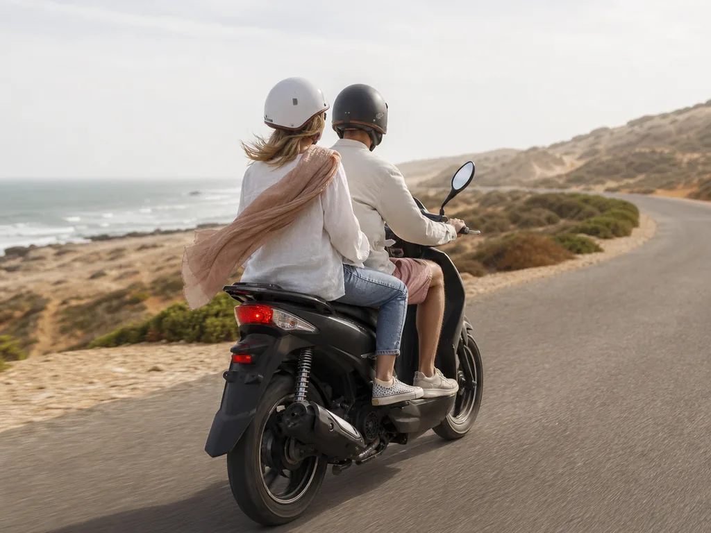 Deux personnes à scooter sur une route côtière près d'Essaouira