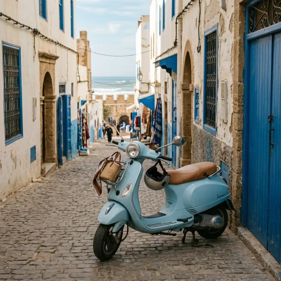 Scooter stationné dans une ruelle d’Essaouira
