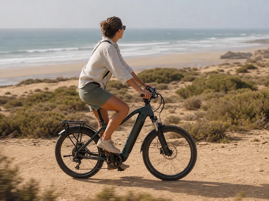 Une cycliste à vélo électrique sur un chemin côtier près d'Essaouira