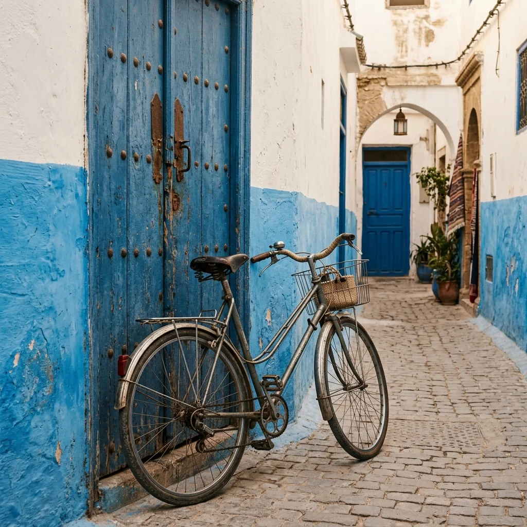Vélo appuyé contre une porte bleue dans une ruelle de la médina
