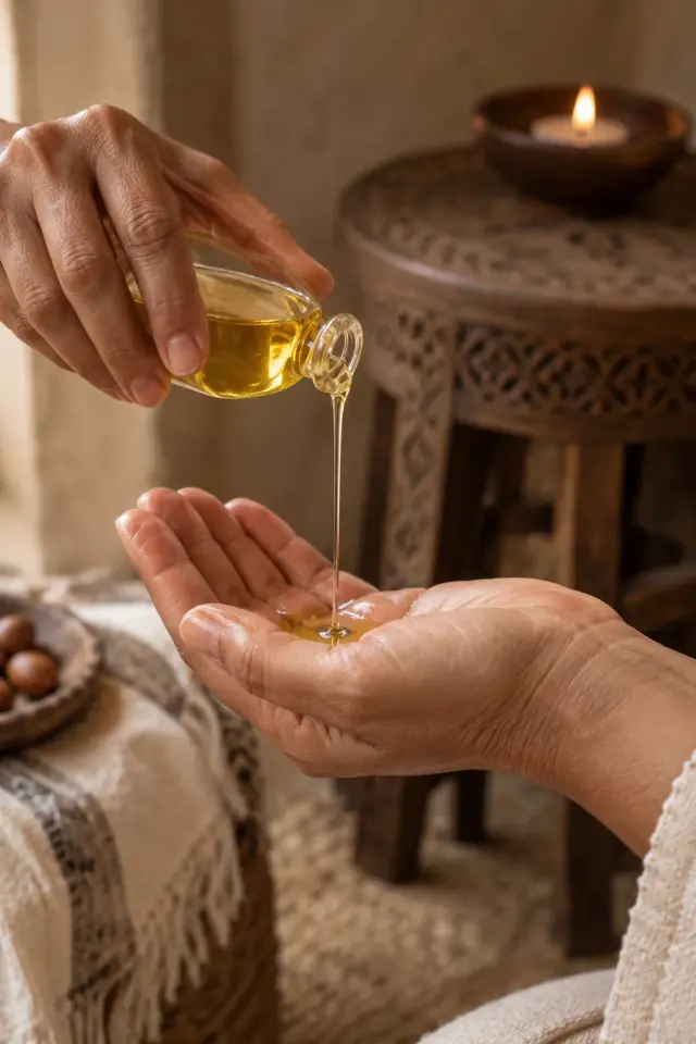 De l'huile d'argan versée au creux d'une main