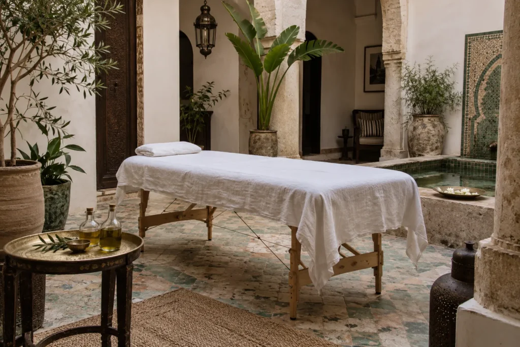 Une table de massage installée dans le patio d'un riad
