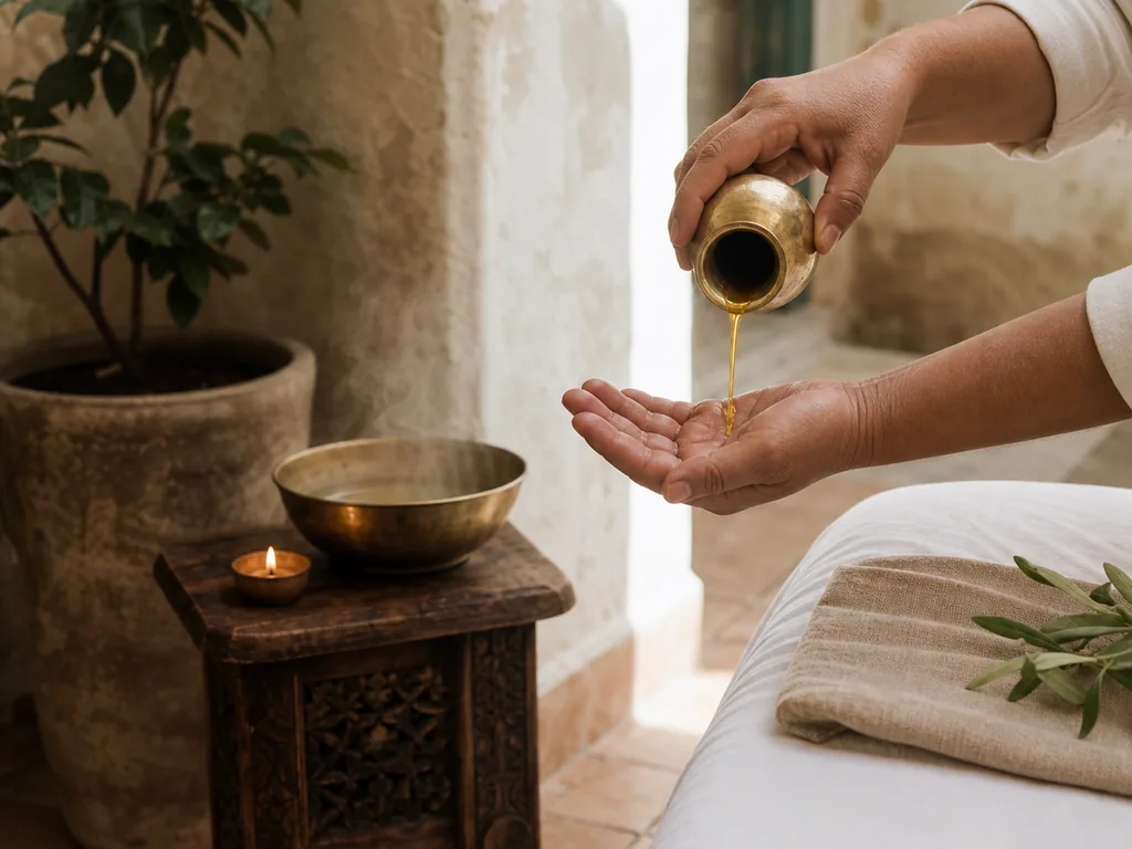 Huile versée dans une main à côté d'une table de massage