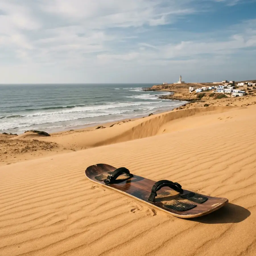 Une planche de sandboard posée sur une dune, face à l'océan