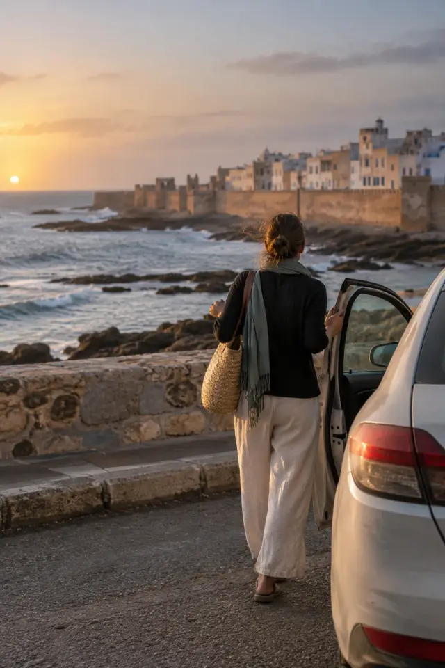Un véhicule à l'arrêt face aux remparts, un voyageur en descend