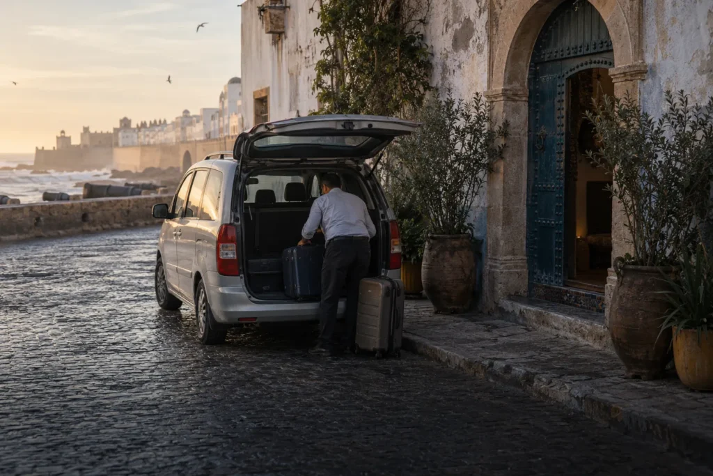 Un chauffeur charge des valises dans un monospace devant un riad