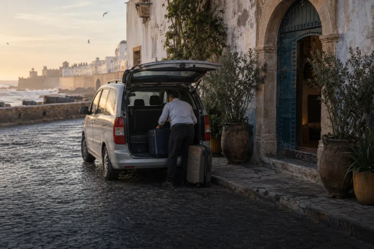 Un chauffeur charge des valises dans un monospace devant un riad