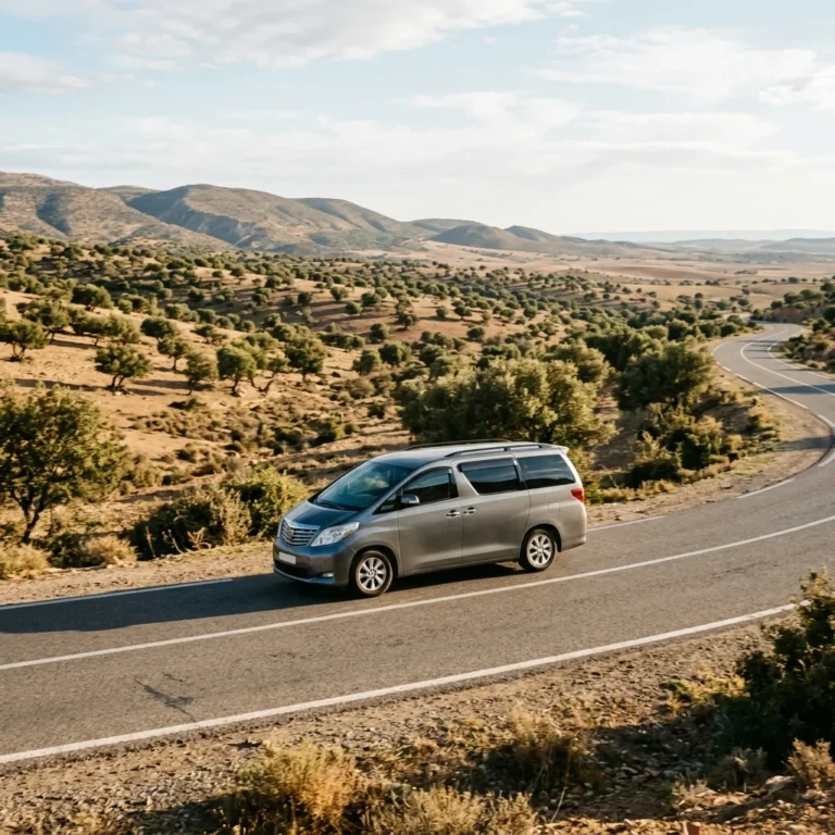 Un monospace sur une route entre les arganiers, dans la région d'Essaouira