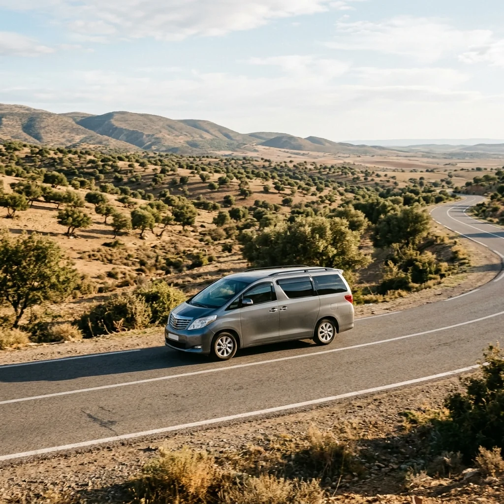 Un monospace sur une route entre les arganiers, dans la région d'Essaouira
