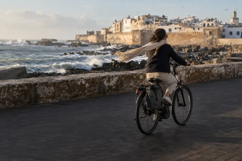 Une cycliste à vélo électrique sur la corniche par jour de vent