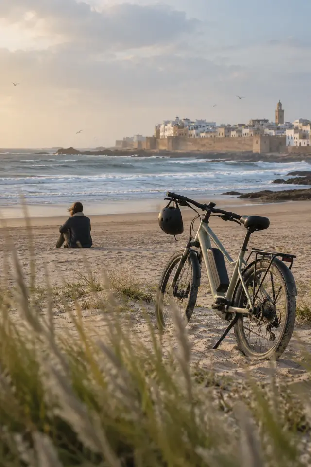 Un vélo électrique posé au bord de la plage pendant une pause
